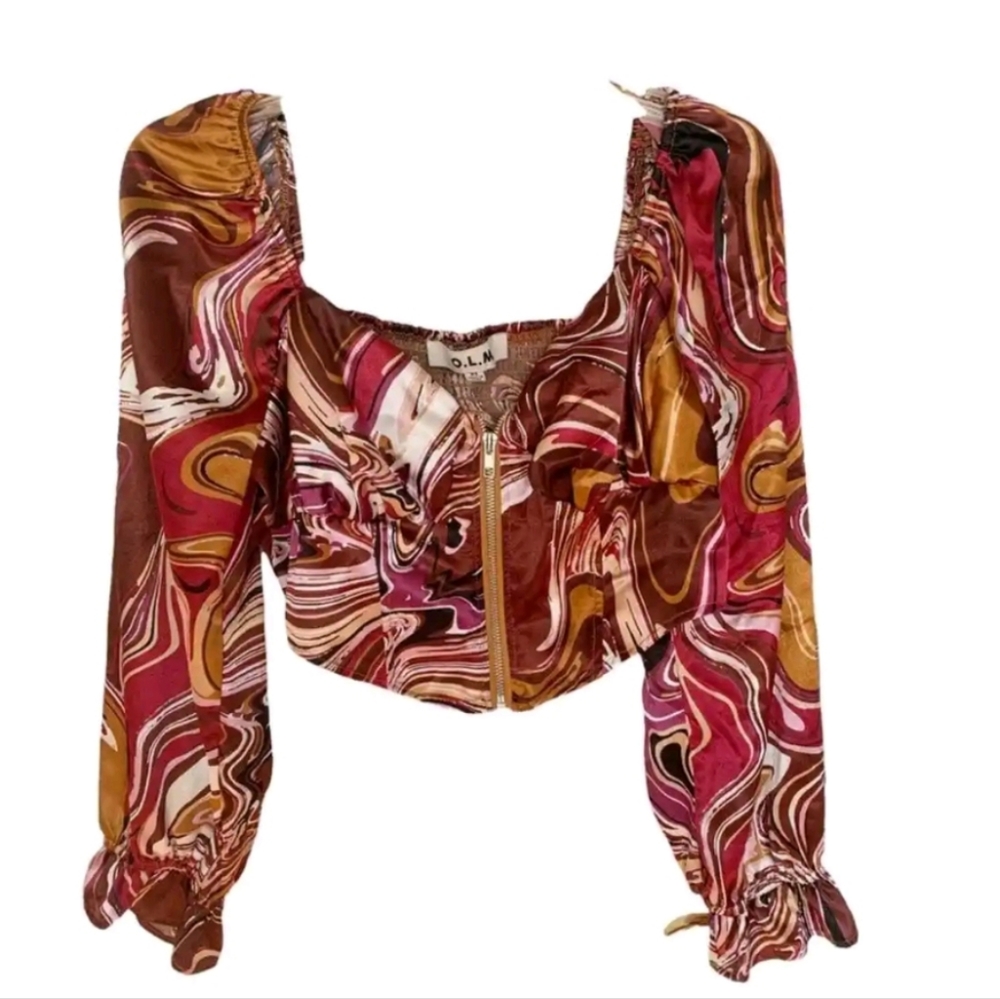 NWT O.L.M. Brown Purple Satin Marble Swirl Print Balloon Sleeve Crop Top Y2K XL